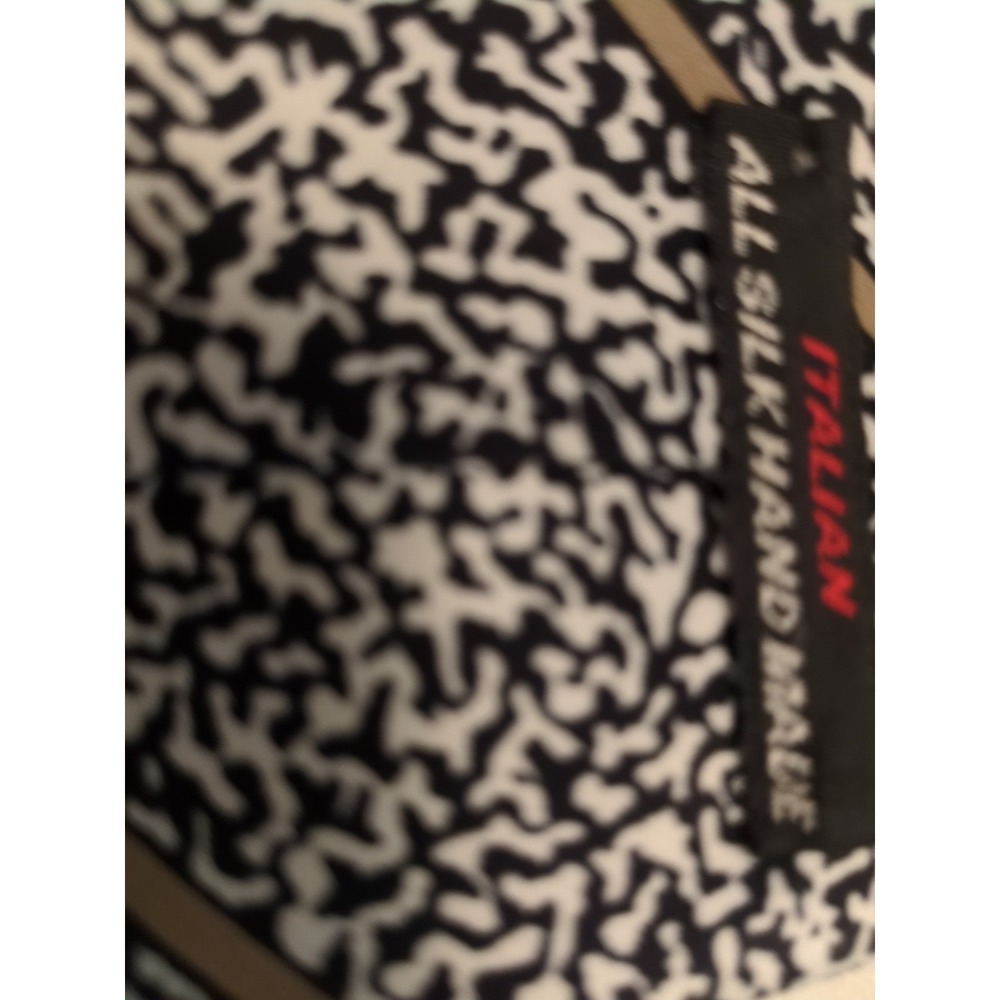 Italian All Silk Handmade Black & White Print With Tan Stripes Necktie - Picture 6 of 6